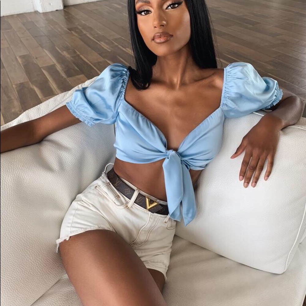 Tigermist Blue satin tie front crop top